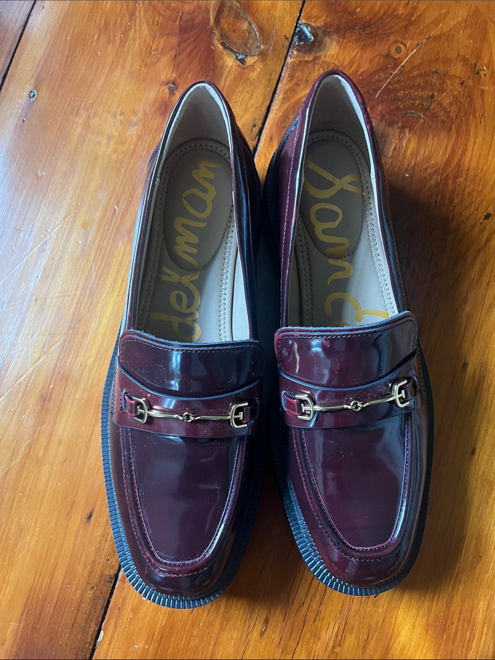 Sam Edelman Burgundy Patent Loafers with Gold Bit